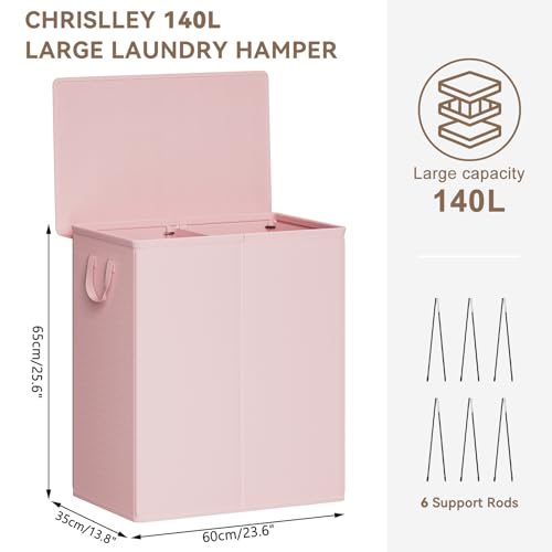 Chrislley Double Laundry Hamper with Lid, 140L Laundry Basket 2 Section - color: Pink, size: 140l(24.0"l X 14.2"w X 25.2"h)