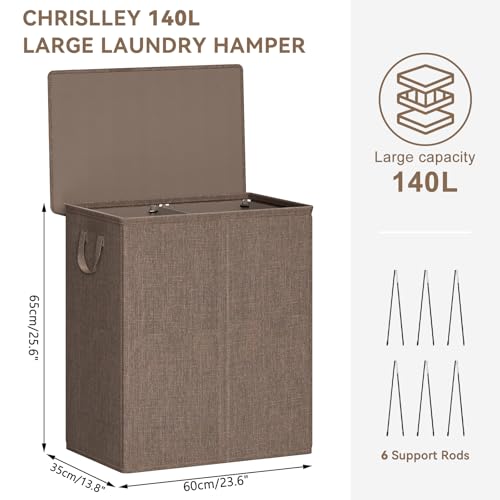 Chrislley Double Laundry Hamper with Lid, 140L Laundry Basket 2 Section - color: Brown, size: 140l(24.0"l X 14.2"w X 25.2"h)