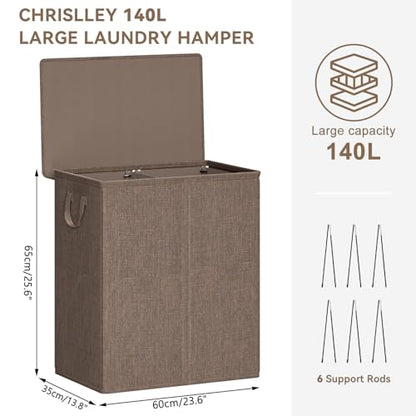 Chrislley Double Laundry Hamper with Lid, 140L Laundry Basket 2 Section - color: Brown, size: 140l(24.0"l X 14.2"w X 25.2"h)