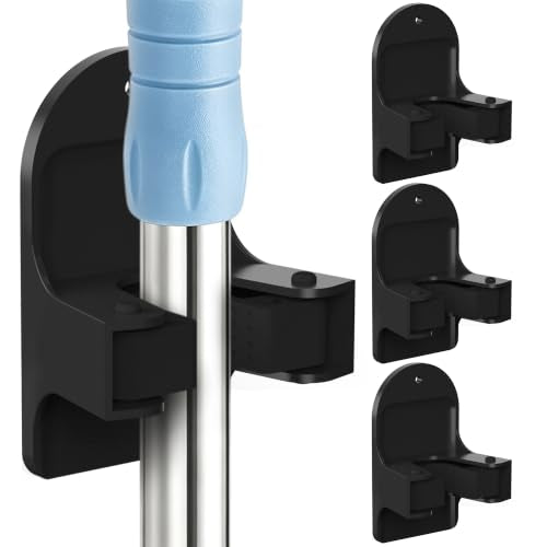 Broom Holder Wall Mount (Black 4 Count), Broom Holder, Broom and Mop Organizer Wall Hanging, Mop and Broom Holder Wall Mount, Broom Organizer Wall Mount for Home, Kitchen, Garage Storage - color: Black