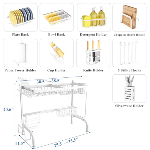 Over The Sink Dish Drying Rack, Adjustable (25.5 to 36.5 inch) 2 Tier Metal Steel Dish Drying Racks for Kitchen Counter with Hooks Paper Towel Utensil Cup Holder Sink Caddy (White) - color: White