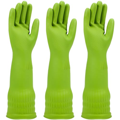 Rubber dishwashing gloves 3 or 6 Pairs for kitchen,Cleaning washing dish gloves long for household reuseable durable. - color: Green, size: Large