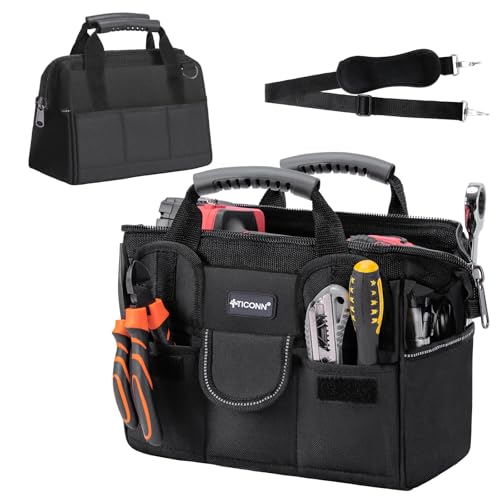 TICONN Heavy Duty Tool Bag with Multi-Pockets, Portable Tool Box Organizer Storage Bag, with Adjustable Shoulder Strap and Ergonomic Handle (Black, 12" Standard Base) (Pack of 22) - color: Black, size: 12" Standard Base (Pack of 22)