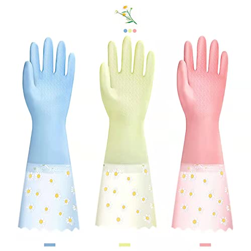 KAQ Dishwashing Gloves - 3 Pairs Reusable Non-Slip Rubber Kitchen Gardening Household Gloves - color: Large