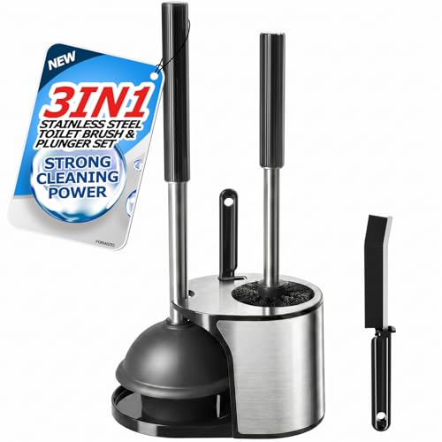 FORASTO 3in1 Stainless Steel Toilet Plunger and Brush Set - Bathroom Tools