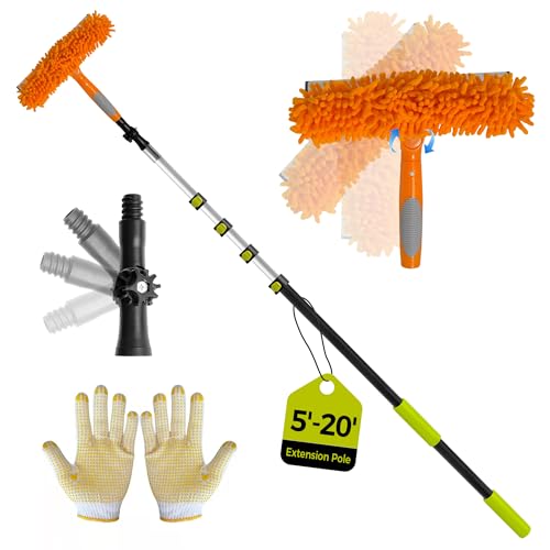 20 Feet High Reach Window Squeegee with 5-20Ft Extension Pole, Window Cleaner Tool with 5-Stage Telescoping Pole, Window Cleaning Kit with Rotatable Head