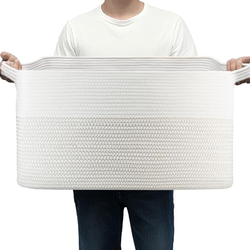 75L Large Basket 22" x 17" x 12",Large Blanket Basket with Handle,woven Cotton Rope baskets for storage,Storage Basket for Organizing,Blanket Basket living Room - color: White