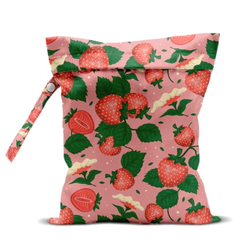 Wet Bag, Wet Dry Bag, Waterproof Swim Bags, Machine Washable Reusable Bags for Beach, Pool, Diapers, and Dirty Yoga Gym Clothes(Pink Background Strawberry and Green Leaf Printy - color: Vintage Pink Strawberry & Green Leaf