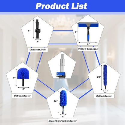 26FT Reach Duster Kits, Window Cleaning kit with 5-20FT Telescoping Extension Pole, Cobweb Duster, Washable Fan Duster for Ceiling, Window Squeegee for Glass and Microfiber Feather Duster - size: 20FT