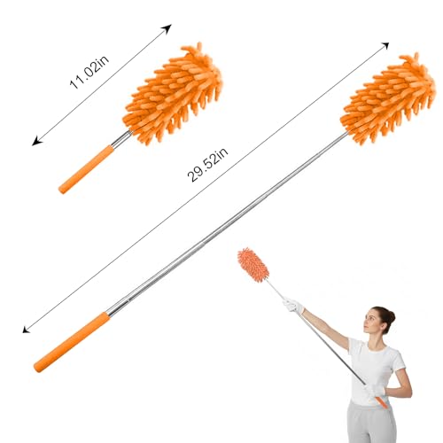 Extendable Feather Duster Telescopic Dust Remover for Home Office Car Furniture High Ceiling Cleaning Multi Purpose Tool(Orange,Long Head) - color: Orange, size: 11.0 in