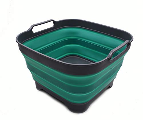 SAMMART 10L (2.64 Gallon) Collapsible Dishpan with Draining Plug - Foldable Washing Basin - Portable Dish Washing Tub - Space Saving Kitchen Storage Tray (1, Grey/Turquoise Blue) - color: Grey/Turquoise Blue