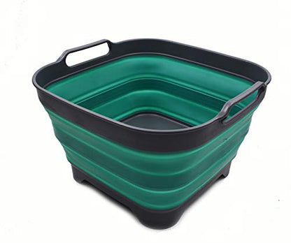 SAMMART 10L (2.64 Gallon) Collapsible Dishpan with Draining Plug - Foldable Washing Basin - Portable Dish Washing Tub - Space Saving Kitchen Storage Tray (1, Grey/Turquoise Blue) - color: Grey/Turquoise Blue