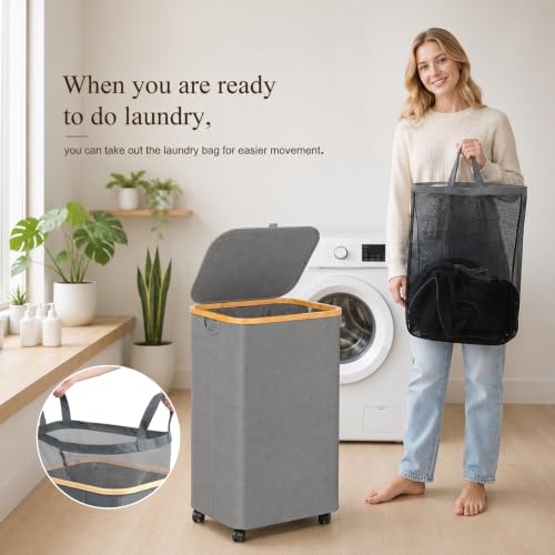 Slim Laundry Hamper with Wheels 110L with Removable Wash Bag Grey - color: Grey, size: 110L