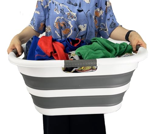 SAMMART 40L (10.5 gallon) Plastic Foldable Laundry Basket/Tub - Collapsible, Space Saving and Portable Laundry Hamper, Ideal for Home, Travel, Dorm, and Camping (1, White/Steel Gray) - color: White/Steel Gray