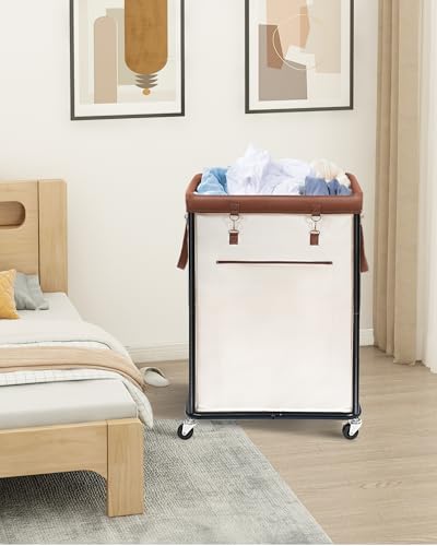 STORAGE MANIAC Large Laundry Basket with Wheels 160L Rolling Laundry Hamper Laundry Cart with Metal Frame and Removable Bag, Clothes Hamper for Bedroom, Bathroom, Dorm Room, Laundry Room, Beige