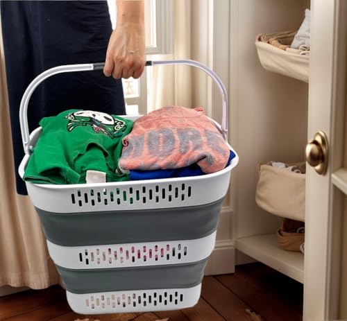 SAMMART 40L (10.5 Gallon) Collapsible Plastic Laundry Basket with Handles - Foldable Pop Up Storage Container/Organizer - Portable Laundry Hamper - Space Saving (1, White/Steel Grey) - color: White/Steel Grey