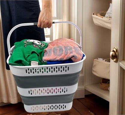 SAMMART 40L (10.5 Gallon) Collapsible Plastic Laundry Basket with Handles - Foldable Pop Up Storage Container/Organizer - Portable Laundry Hamper - Space Saving (1, White/Steel Grey) - color: White/Steel Grey