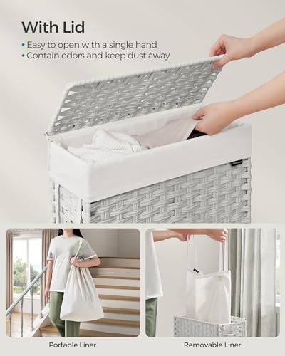 SONGMICS Laundry Hamper with Lid, 14.5 Gal (55 L) Synthetic Rattan,Foldable - color: Cloud White, size: 55 L