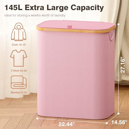Hampers for Laundry Basket with Lid, 145L Large Laundry Hamper 3 Section - color: Pink, size: 145L