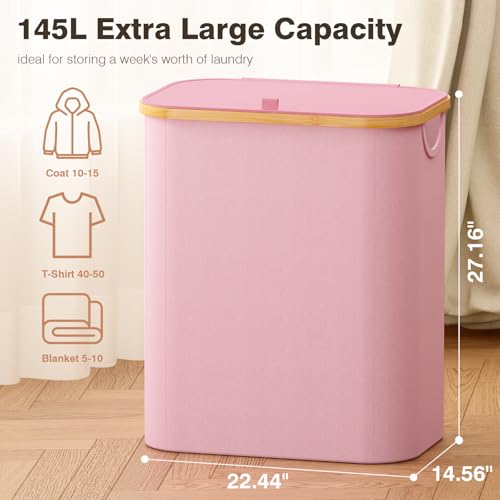 Hampers for Laundry Basket with Lid, 145L Large Laundry Hamper 3 Section - color: Pink, size: 145L