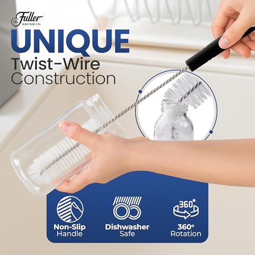 Fuller's Bottle & Tumbler Cleaning Brush - 15” Long Handle with Soft Nylon Bristles | Twist-Wire Design for Travel Mugs, Jars, Vases & Water Bottles | Durable, Dishwasher Safe & Non-Slip Grip
