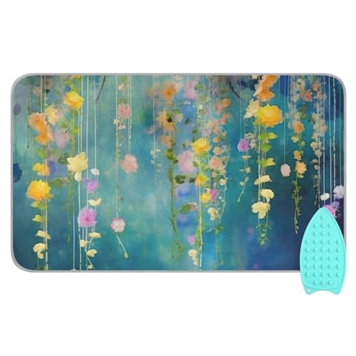 Kigai Watercolor Fowers Ironing Blanket Thick Portable Ironing Pad Travel Ironing Mat with Silicone Pad Heat Resistant Ironing Board Cover for Table Top, Washer, Dryer, 27.6" x 47.2"