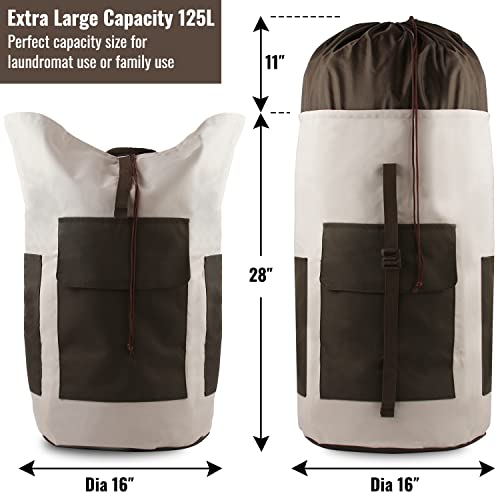 Laundry Bag Backpack 125L Extra Large, Heavy Duty 900D Coated Oxford Fabric, 3 Pockets Durable Travel Laundry Bags with Soft Padded Shoulder Straps for College Dorm, Apartment, Laundromat (Khaki) - color: Khaki