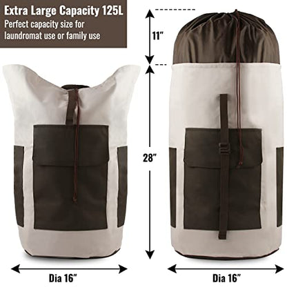 Laundry Bag Backpack 125L Extra Large, Heavy Duty 900D Coated Oxford Fabric, 3 Pockets Durable Travel Laundry Bags with Soft Padded Shoulder Straps for College Dorm, Apartment, Laundromat (Khaki) - color: Khaki