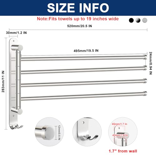 NearMoon Swivel Towel Rack, 19.5" Thicken 304 Stainless Steel 4-Arm Towel Bar, Space Saving Wall Mounted Towel Holder with Hook, Rustproof Swing Out Towel Hanger for Bathroom, Kitchen (Chrome Finish) - color: Chrome Finish, size: 19.5 Inch-Round