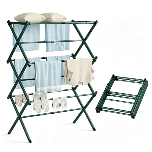 Clothes Drying Rack Collapsible,Heavy Duty Extendable Laundry Rack for Drying Clothing,3-Tier Space Saving Drying Rack Clothing for Indoor Outdoor Bathroom Apartment - color: Green