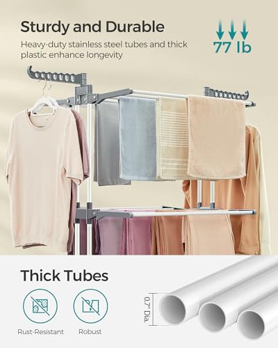 SONGMICS 4-Tier Clothes Drying Rack, Foldable, Rolling, 66.6-Inch Tall - color: White + Gray, style: 4-Tier