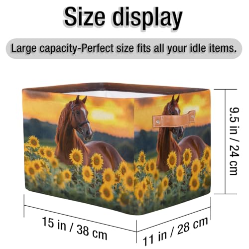 Animal Horse Sunflower Square Storage Basket Bin Canvas Fabric Compressible Organizer Basket with Handle for Bedroom Nursery Office, 1PCS - color: Horse, size: 1 pc