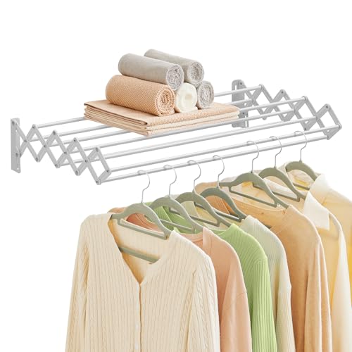 SONGMICS Clothes Drying Rack, Wall-Mounted, 9 Staggered Hanging Rods - color: Cloud White, size: 24.1"W
