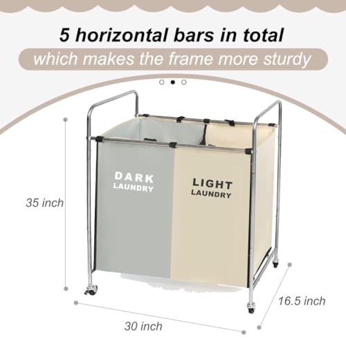 Laundry Cloth Hamper Sorter Basket Bin Foldable 3 Sections with stainless steel Frame Washing Storage Dirty Clothes Bag for Bathroom Bedroom Home Storage Basket (White+gray, 2 Liner) - color: White+gray, size: 2 Liner
