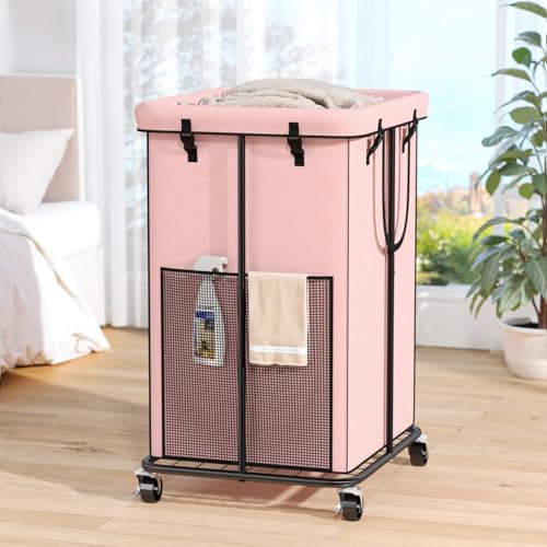Laundry Hamper with Wheels, 150L Rolling Laundry Basket with Bag & Handles - color: Pink, size: 40GAL