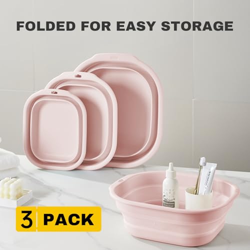 Collapsible Wash Basin Set of 3, Foldable Large Medium Small Wash Basins, Portable Plastic Basins for Laundry, Bottles, Travel, Camping (Pink) - color: Pink