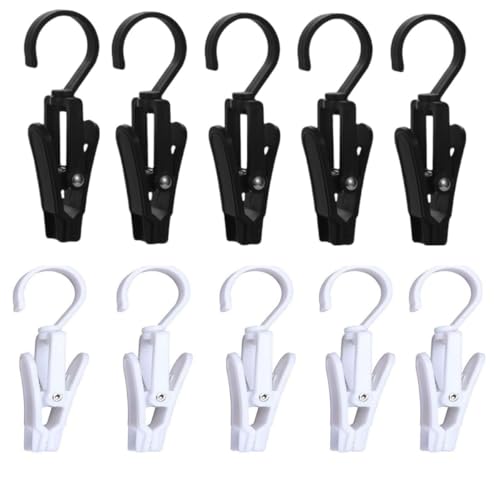 10 Pcs Laundry Hooks with Clips，Clothes pins，360° Rotating Hook Clips, Hangers Clip Socks Curtain Towels Bathroom Closet Kitchen Office (Black and White) - color: Black and White