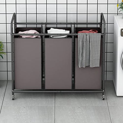 LINZINAR 3-Bag Laundry Sorter,Laundry Hamper Cart with Heavy Duty Rolling Lockable Wheels and Removable Bags (Brown) - size: 3 Bags Brown