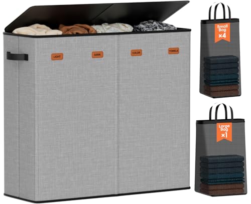 Laundry Hamper 4-Section with Lid, 185L Laundry Sorter with 4 Removable Bags + 1 Extra Large Bag, Switchable 3/4 Compartment, Laundry Basket Organizer for Bedroom, Laundry Room，Grey - color: Grey, size: 48.86 Gal - 4 Section