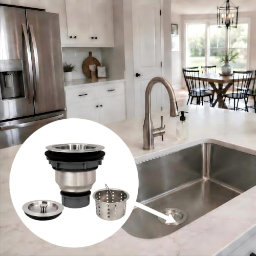 Kitchen Sink Drain Assembly Kit, 3-1/2 Inch Brushed 304 Stainless Steel Basket Strainer with Deep Removable Basket, Stopper & Cover Lid, Fits Standard Kitchen Sinks - color: Brushed