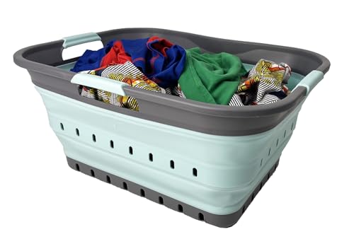 SAMMART 42 (11 Gallons) Collapsible Plastic Laundry Basket, Foldable Pop Up Storage Container/Organizer, Space Saving Hamper, Portable Bin for Dorm Room Bathroom (1, Grey/Lake Green) - color: Grey/Lake Green