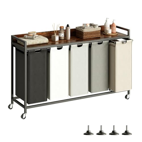 Herture Laundry Hamper with Shelf, Laundry Basket 5 Section, Laundry Sorter with Pull-Out Removable Large 5 Color Bags and Movable Wheels, Metal Frame, 5 x 15.87 Gallons (60L), Rustic Brown PF08XLN - color: Rustic Brown + 5-Color, size: 5 Bags-300 L