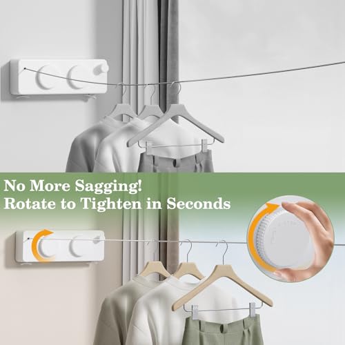 Danpoo Retractable Clothesline, Anti-Sag Adjustable Knob Heavy-Duty Clothes Line for Indoors/Outdoors with 2 * 13.8ft Stainless Steel Wire, Laundry Wall Drying Solutions - style: White