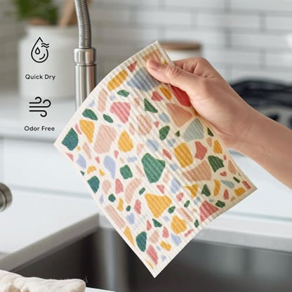 RECYCO Swedish Dishcloths for Kitchen | 5 Pack Urban Boho Terrazzo Washable Dish Rags | Cellulose Reusable Cleaning Paper Towels | Absorbent Counter Dish Cloth Sponge Kitchen Wipes, 8" L x 7" W - color: Urban Boho Terrazzo-5 Pack