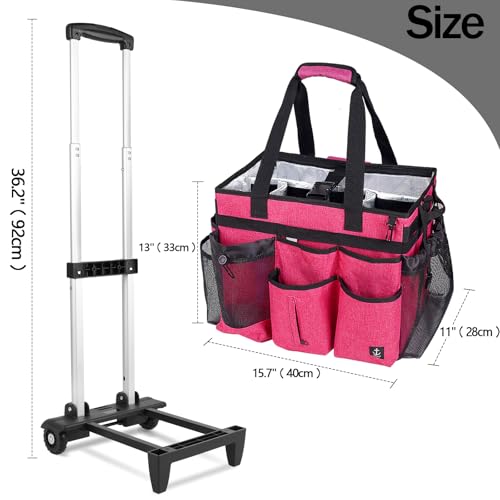 Rolling Cleaning Caddy Bag Built-in Hard Plastic Sheet Detachable Trolley - color: Rose Red