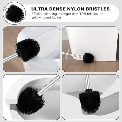 Silver Toilet Brush and Holder Set，Stainless Steel Heavy Duty Toilet Bowl Brush，Extra Long Handled Modern Toilet Cleaner Brush with Replaceable Head, Removable Inner Bowl, and Splash Protection - color: Silver