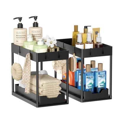 Ekisemio 2 Pack 2-Tier Under Sink Organizers with Sliding Drawer, Black