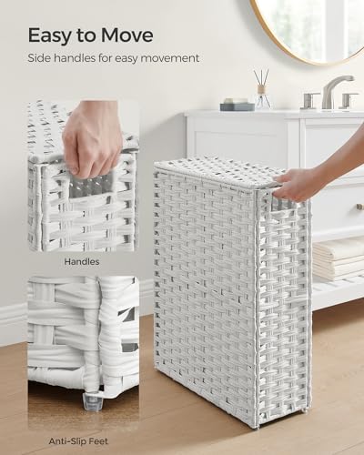 SONGMICS Laundry Hamper with Lid, 14.5 Gal (55 L) Synthetic Rattan,Foldable - color: Cloud White, size: 55 L