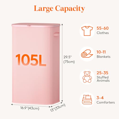 Lifewit 105L Large Laundry Hamper with Lid, Removable Inner Bag, Pink - color: Pink, size: 105L