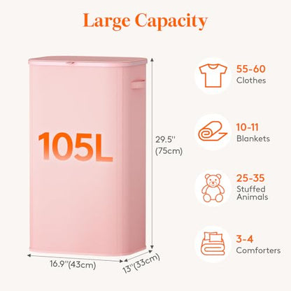 Lifewit 105L Large Laundry Hamper with Lid, Removable Inner Bag, Pink - color: Pink, size: 105L